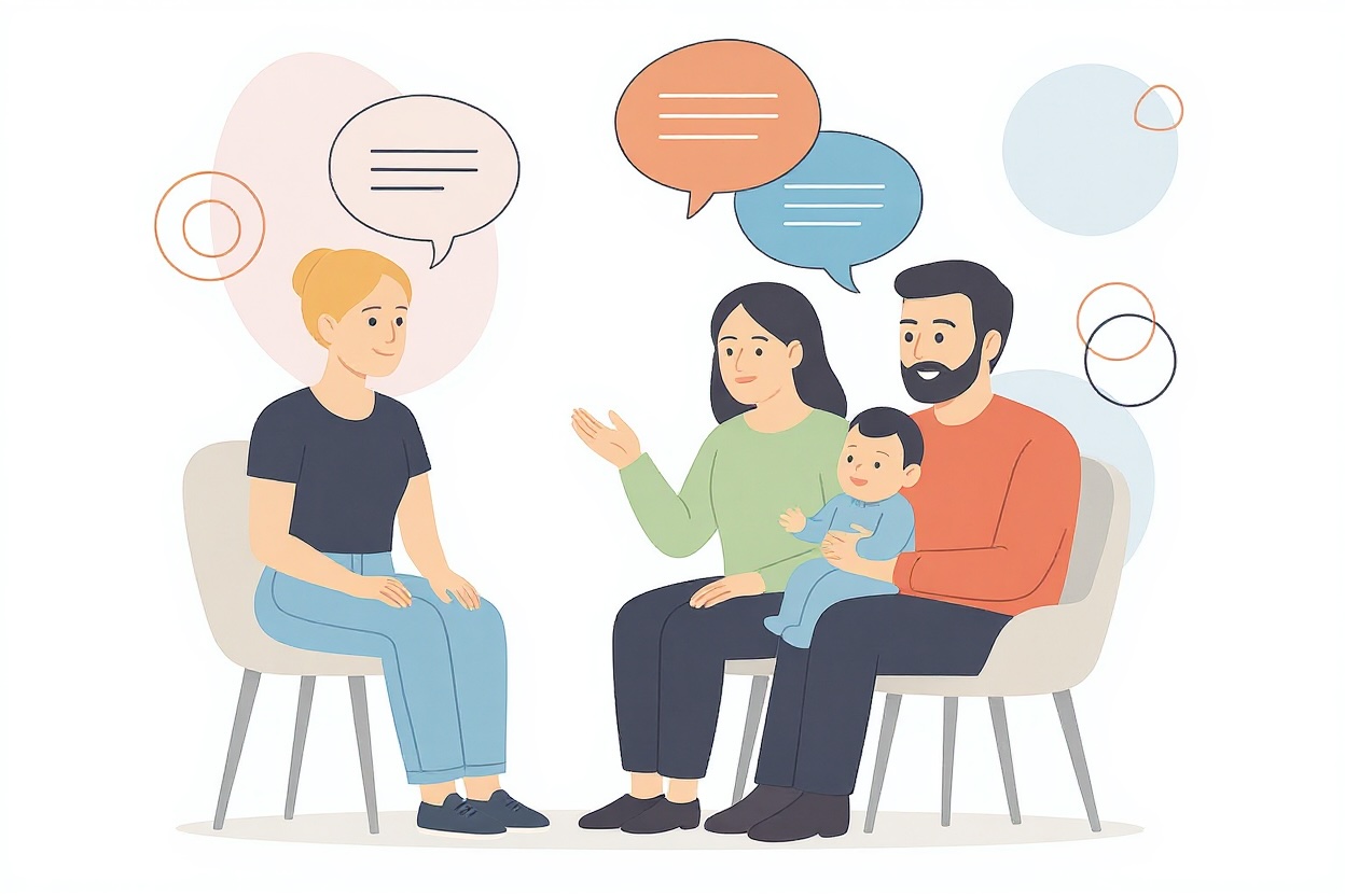 Discussion professionnelle avec une famille, représentant l'accompagnement de Marie